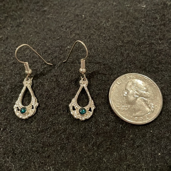 Silver Tone Dangle Earrings with Blue Green Stone - Picture 4 of 4